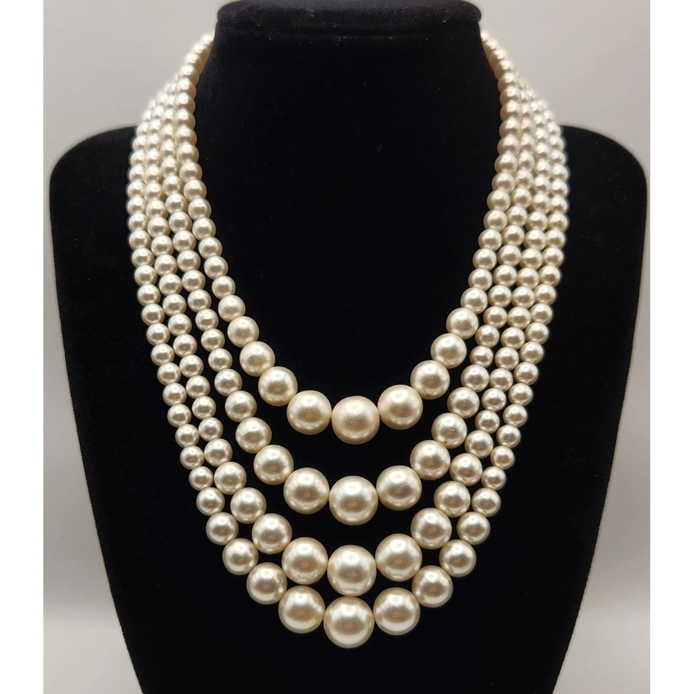 Vintage Japan 4 Strand Graduated Faux Pearl Necklace Adjustable Bridal Wedding